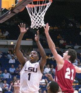 Junior forward Tasmin Mitchell puts up a second-chance shot in the second half of LSU's 68-56 win against Nicholls State on Wednesday.