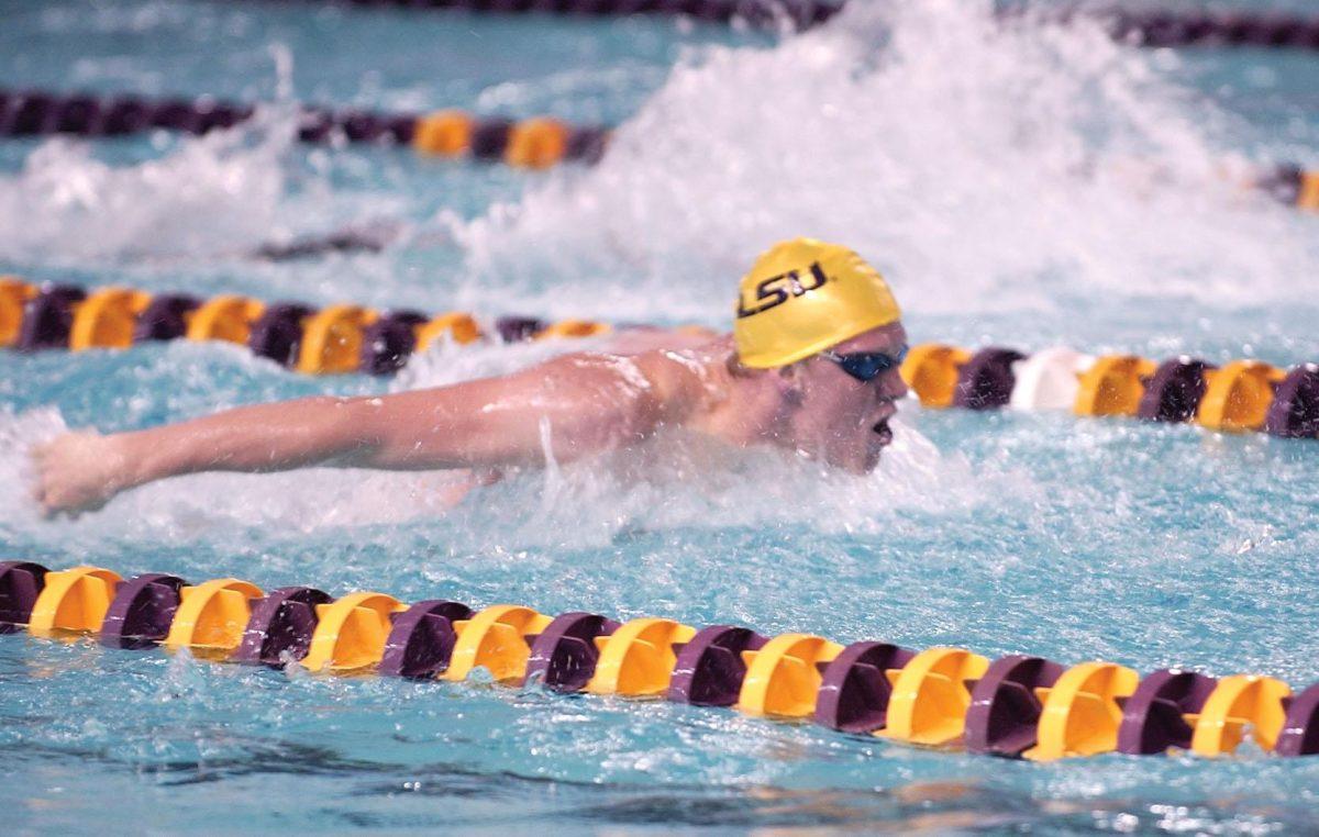 Junior Sean LeNeave swims the 200 fly Jan. 10 against FSU. LSU&#8217;s swimming and diving teams will compete in the SEC championships today through Saturday.