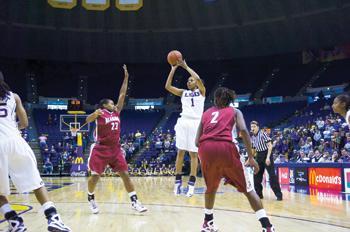 Sophomore guard Katherine Graham attempts a shot at the start of the second half against the Alabama Crimson Tide on Sunday afternoon in the PMAC.