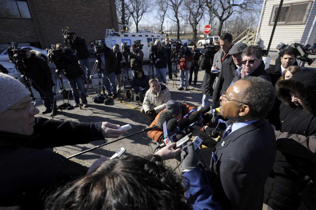 Sen. Roland Burris (D-Ill.) speaks Monday during a press conference outside the Fellowship Missionary Baptist Church.