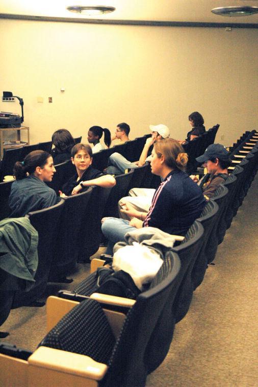 Students for the Promotion of Antiquity gather Tuesday night in the Howe-Russell Geoscience Complex to watch an &#8220;ancient&#8221; movie.