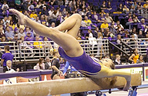 LSU freshman Gloria Johnson performs on the beam during the Tigers&#8217; 196.800-195.825 victory against Florida. LSU will face No. 5 Alabama tonight.