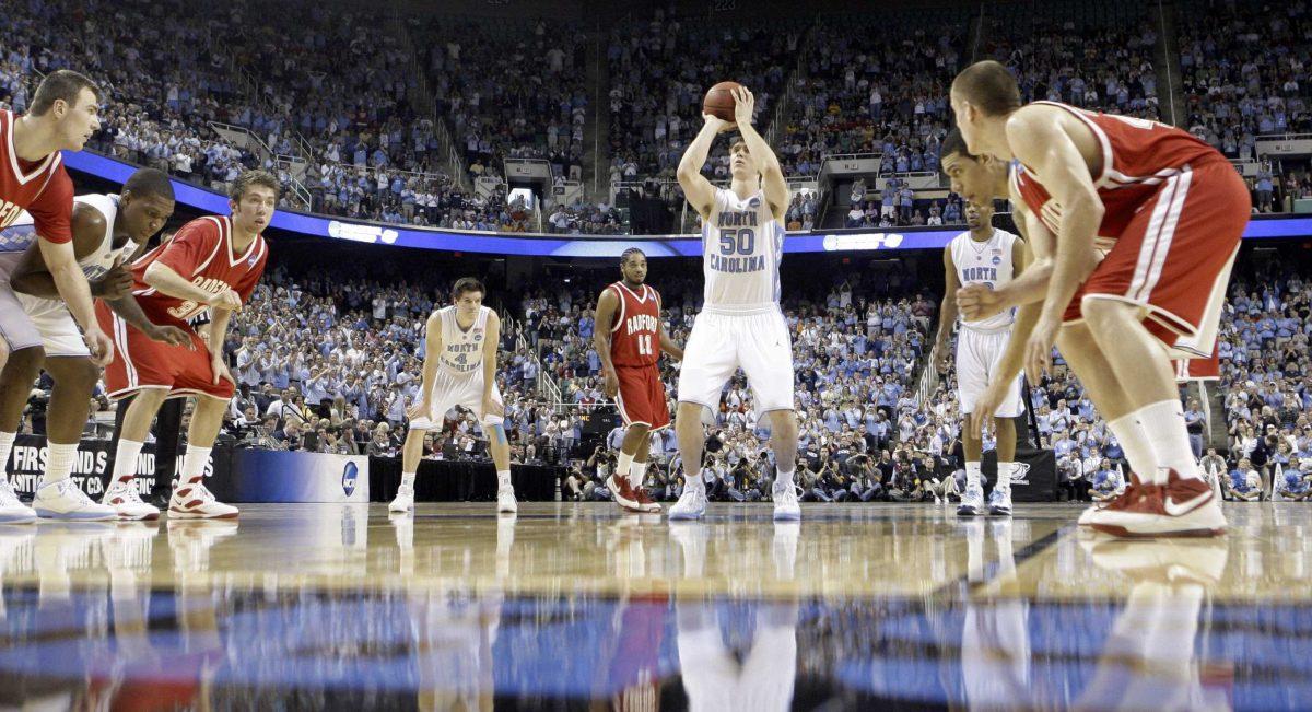 North Carolina senior forward Tyler Hansbrough shoots a free throw in the Tar Heels&#8217; 101-58 win Thursday against the Highlanders in the first round of the NCAA tournament.