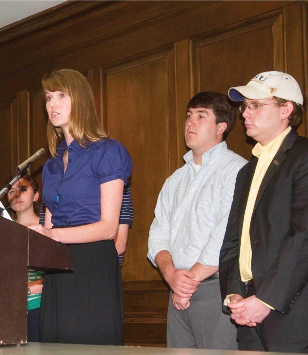 Kate Cazayoux speaks at the &#8220;Save Our Schools&#8221; press conference Monday afternoon in the Student Union. S.O.S. is a student-led campaign that is protesting Gov. Bobby Jindal&#8217;s proposed $219 million budget cut to higher education.