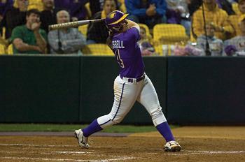 Freshman catcher Morgan Russell takes a swing on opening day of Tiger Park Stadium. The Tigers shut out McNeese State, 6-0, on Feb. 11.