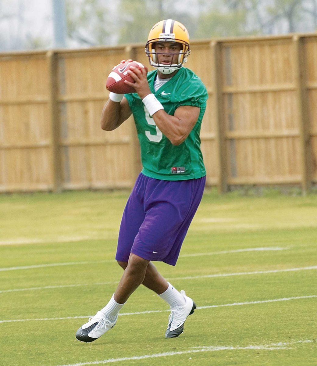 Freshman quarterback Jordan Jefferson prepares to pass the ball during a spring practice session. Jefferson has been preparing for the upcoming season by gaining weight and working on his passing skills.