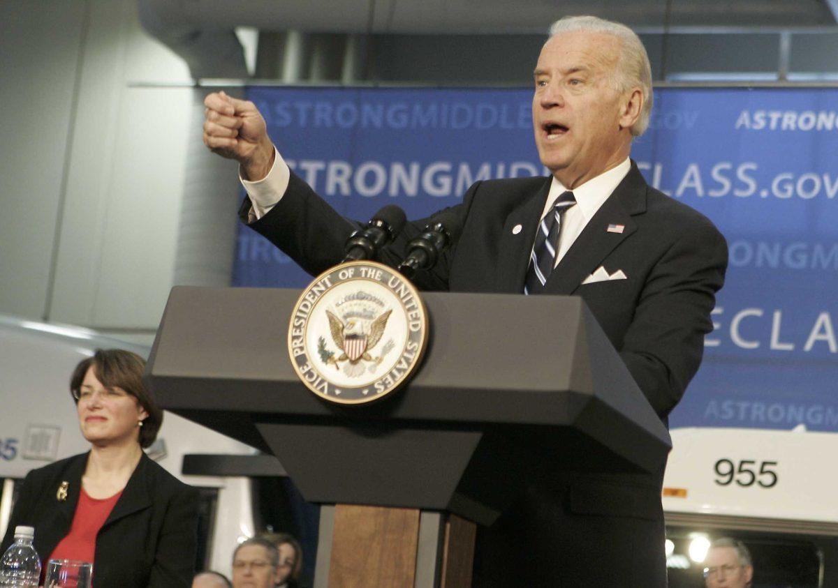 Vice President Joe Biden gestures Thursday during a town hall meeting at New Flyer of America Bus Company in St. Cloud, Minn.