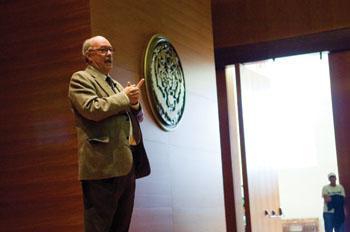 Chancellor Michael Martin addresses a group of about 500 people Wednesday afternoon in the Bo Campbell Auditorium.