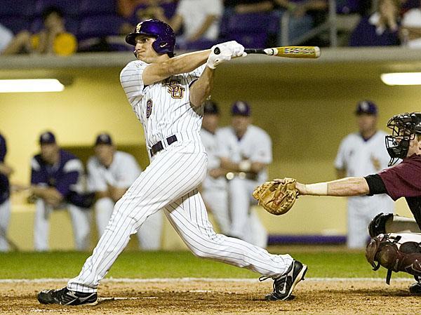 LSU freshman outfielder Mikie Mahtook swings at a pitch Wednesday night durng the Tigers&#8217; game against Harvard in Alex Box Stadium. Mahtook hit two homeruns and had four RBI to lead the Tigers to a 10-1 win against the Crimson.