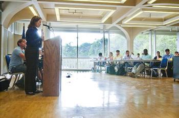 Astrid Merget, executive vice chancellor and provost, speaks to the SG Senate regarding academic college changes.