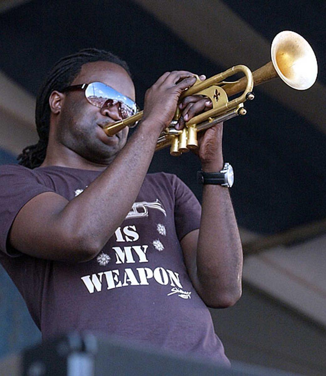 Trumpetist Shamarr Allen plays with Galactic on the Gentilly Stage at The New Orleans Jazz and Heritage Festival Saturday afternoon.