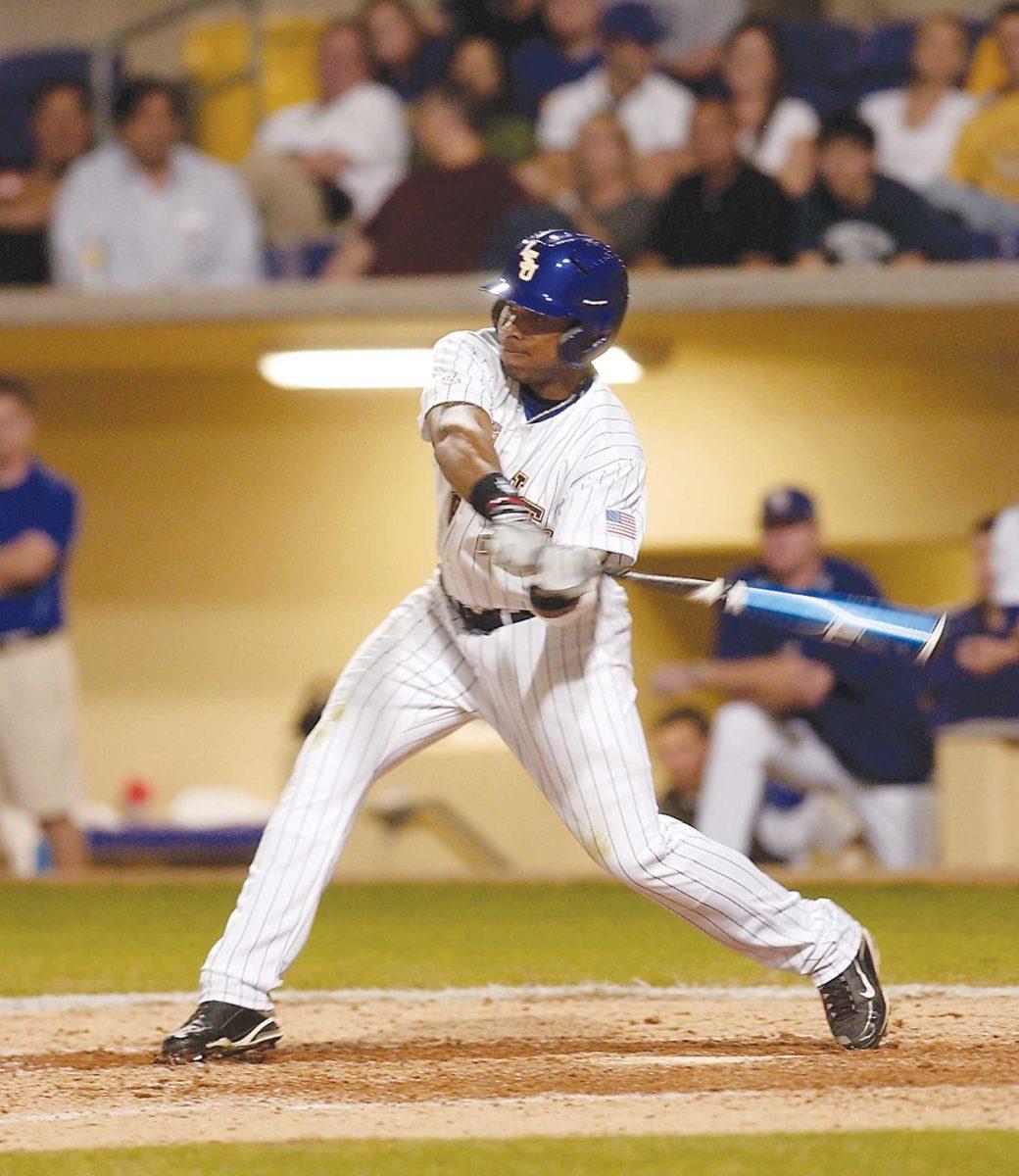 Sophomore outfielder Leon Landry takes a swing during the Tigers' March 24 game against Harvard. Landry cracked five hits and three home runs against Mississippi State on Saturday.