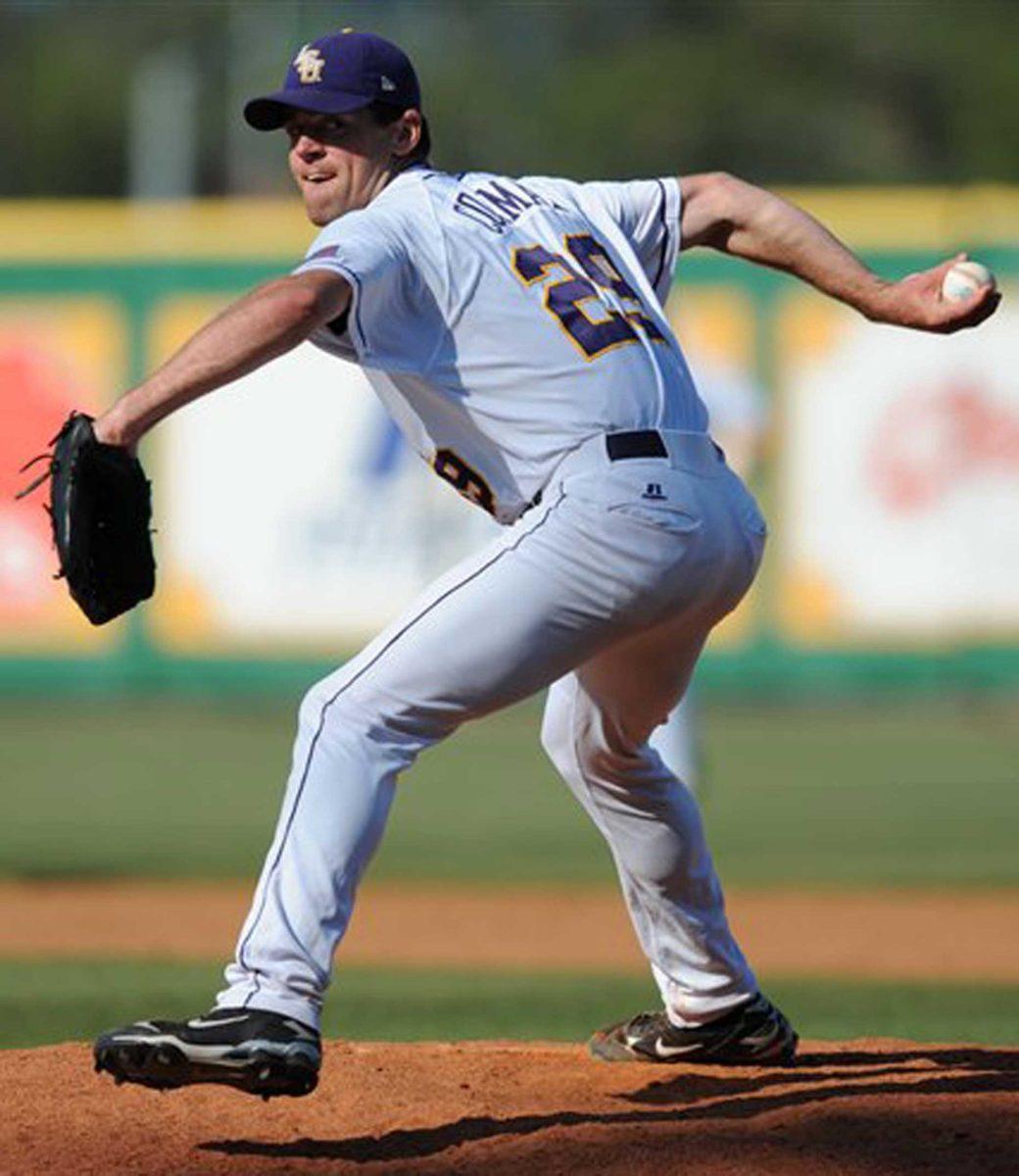 LSU's Louis Coleman pitches against Auburn during an NCAA college baseball game in Baton Rouge, La., on Saturday, April 25, 2009. LSU won 7-6.