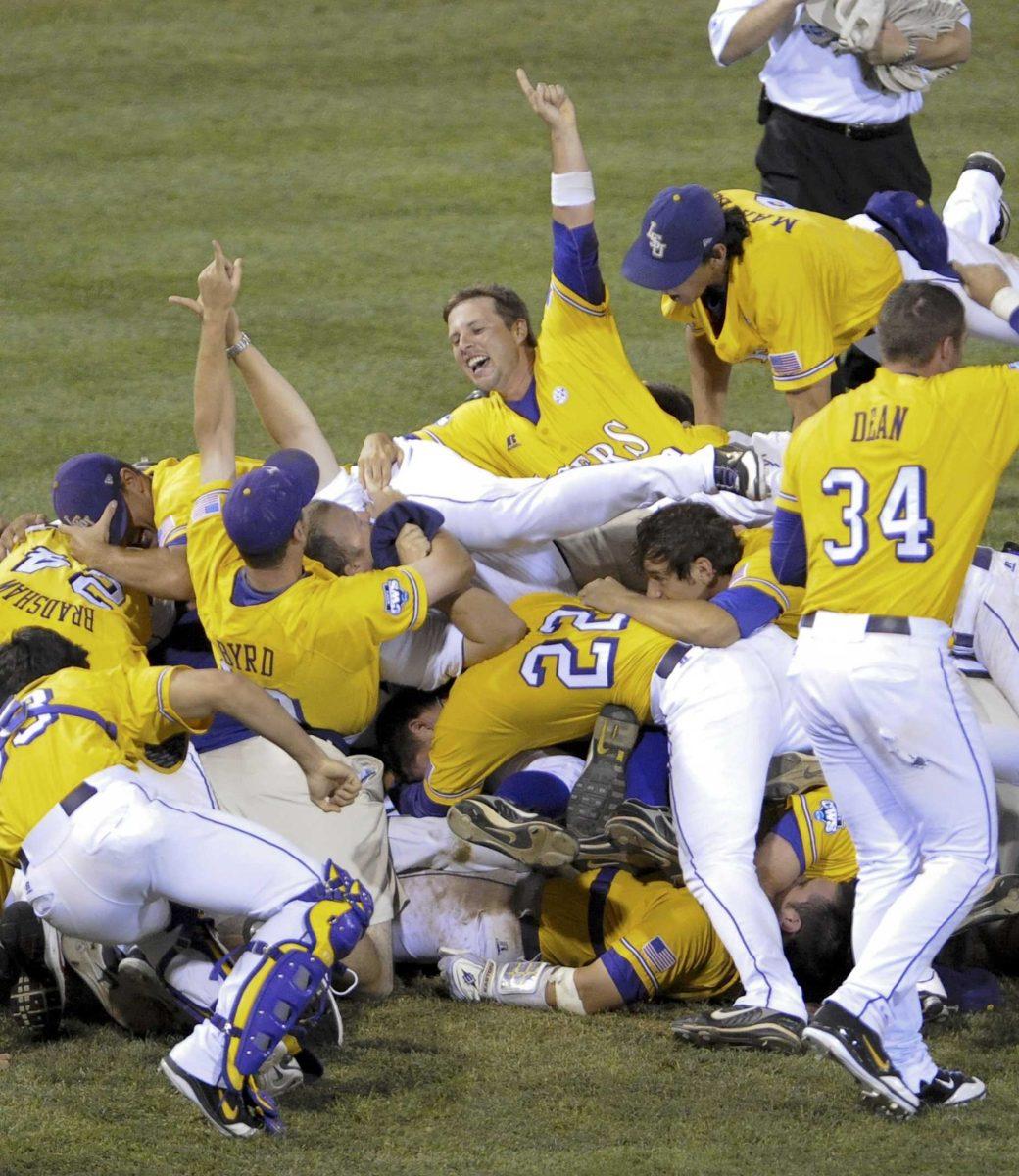 LSU players celebrate Wednesday after defeating Texas, 11-4, in the deciding game of the NCAA College World Series baseball finals in Omaha, Neb.