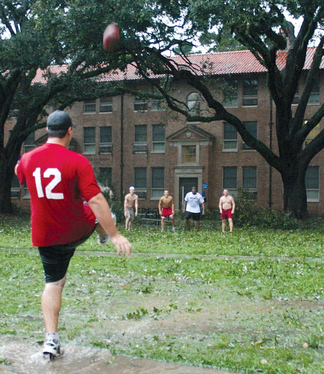 A group of students play football in the Pentagon on Sept. 2 after Hurricane Gustav hit campus.