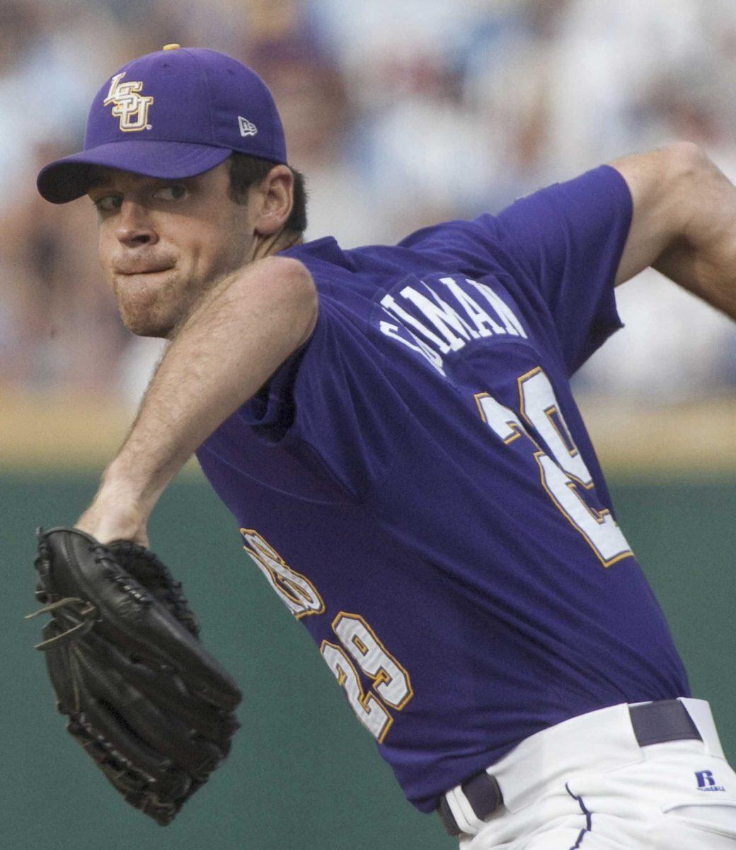 LSU starting pitcher Louis Coleman works against Arkansas in the first inning of an NCAA College World Series baseball game in Omaha, Neb., Monday, June 15, 2009.