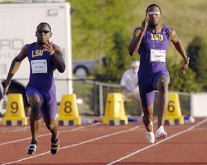 Former Tigers Trindon Holliday, left, and Richard Thompson compete in the 100 meters May 18, 2008, in Auburn, Ala., during the SEC Track and Field Championships.