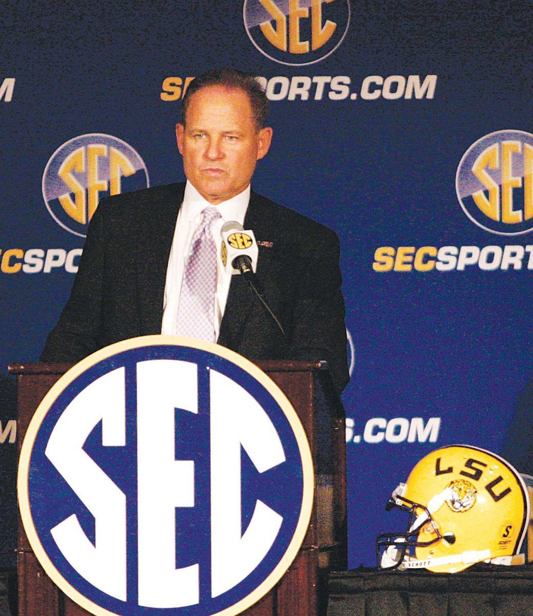 LSU football coach Les Miles addresses reporters Friday at the Southeastern Conference's annual Media Days in Birmingham, Ala.