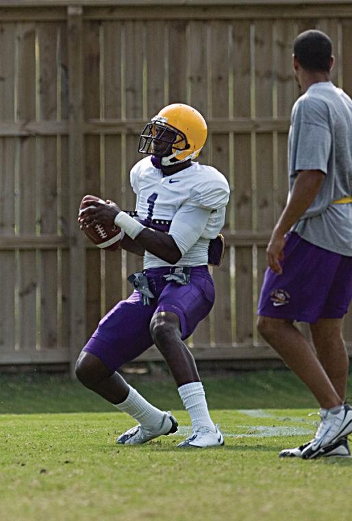 LSU Senior wide receiver, Brandon LaFell, catches the ball while running drills Aug 14.