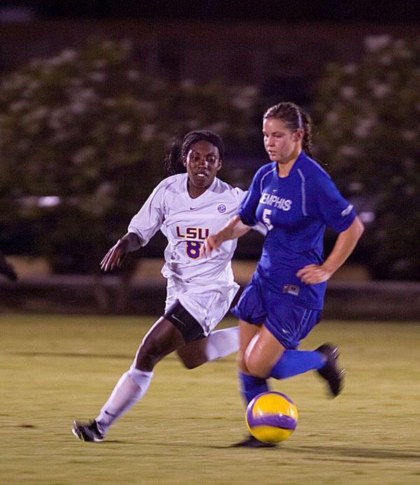 LSU midfielder Melissa Clarke (8) guards Vendula Strnadova (5) on Friday. The No. 25 Tigers return eight seniors and seek the first SEC crown in club history.