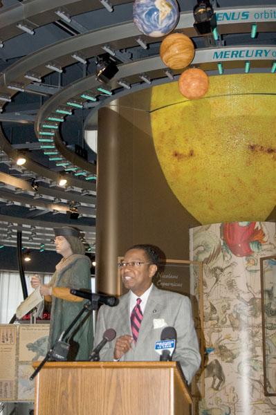 Mayor-President Kip Holden makes an announcement Wednesday morning at the Planetarium about the LASM holding the 2012 International Planetarium Society Conference.