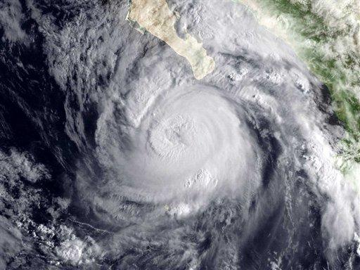 This Tuesday, Sept. 1, 2009 satellite image provided by NOAA shows Hurricane Jimena off the tip of the Baja Peninsula. Jimena, just short of Category 5 status with winds of near 155 mph (250 kph), could rake the region of harsh desert fringed with picturesque beaches and fishing villages as a major hurricane by Tuesday evening.