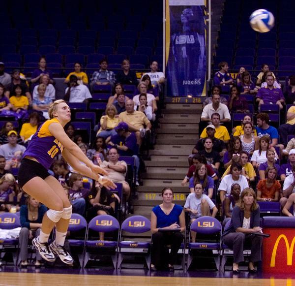 LSU sophomore libero Lauren Waclawczyk hits the ball Sept. 5 during the Tigers&#8217; 3-0 win against Tulane.