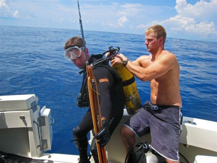 Jackson Wilson, business junior, and David Hood, LSU veterinary school student, gear up to catch spearfish over the Labor Day weekend.