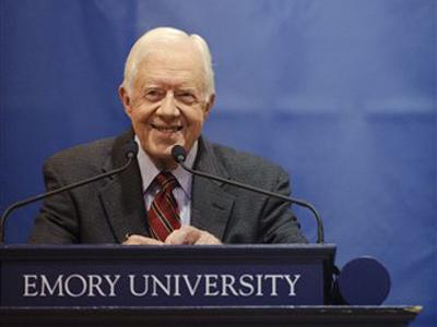 Former President Jimmy Carter looks on during his 28th annual town hall meeting at Emory University in Atlanta, Wednesday, September 16, 2009. Carter answered questions from Emory students on the topics of President Barack Obama, healthcare reform and the middle east.