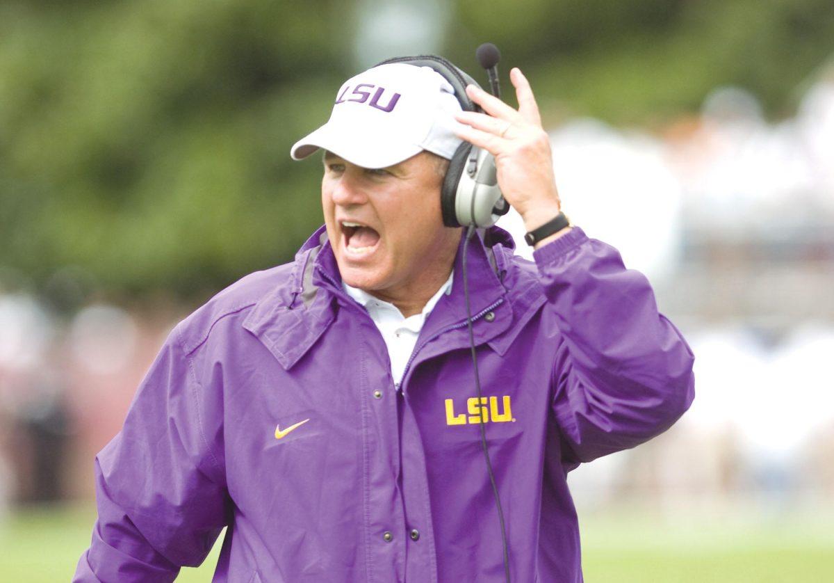 LSU football coach Les Miles shouts plays from the sidelines in Starkville, Miss., on Sept. 26. Miles said he has confidence the team will perform well in Georgia.