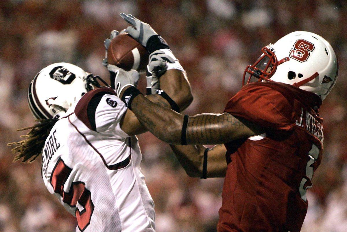 South Carolina freshman cornerback Stephon Gilmore, left, breaks up a pass intended for North Carolina State junior wide receiver Jarvis Williams on Sept. 3 in Raleigh, N.C. South Carolina won, 7-3.