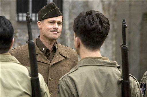 In this film publicity image released by The Weinstein Co., Brad Pitt is shown in a scene from, "Inglourious Basterds."