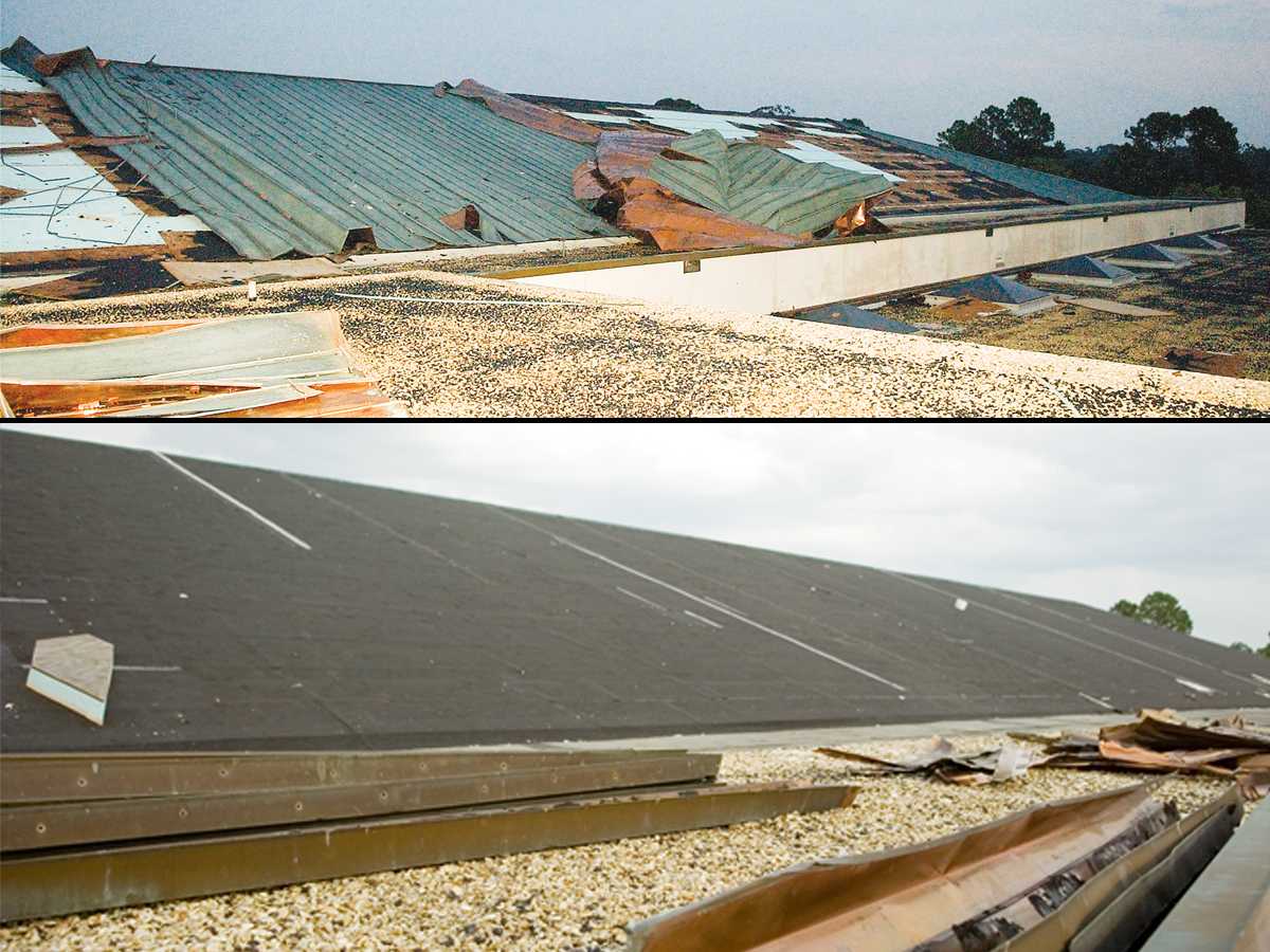 [Top] Metal shingles were torn off the roof of the UREC after Hurricane Gustav on Sept. 1, 2008. [Bottom] Repairs to the roof have begun, and debris has begun to be cleared from the facility&#8217;s roof, as of Aug. 31, 2009.