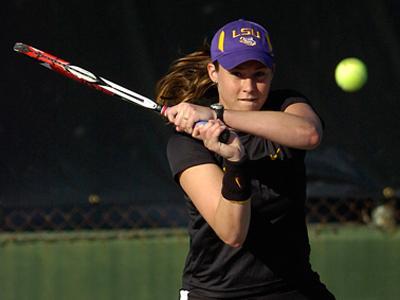 LSU sophomore Whitney Wolf plays Feb. 7 during the Tigers&#8217; first home match. Wolf and two other Lady Tigers head to Houston this weekend for the Rice Invitational.