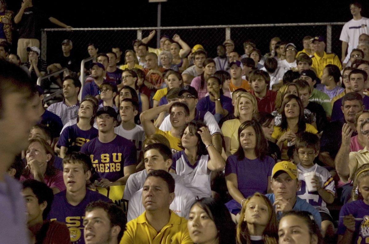 Fans watch the Tigers play Southern Miss. from the temporary soccer stands Aug. 29. A new set of bleachers is expected to be in place by next season.