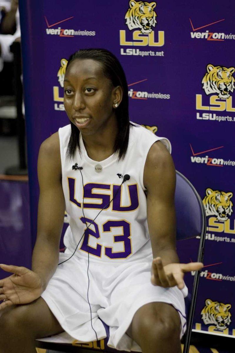 First Team All-SEC senior guard Allison Hightower speaks to the media Wednesday. Coach Van Chancellor said the team needs one more scoring threat to be successful this season.