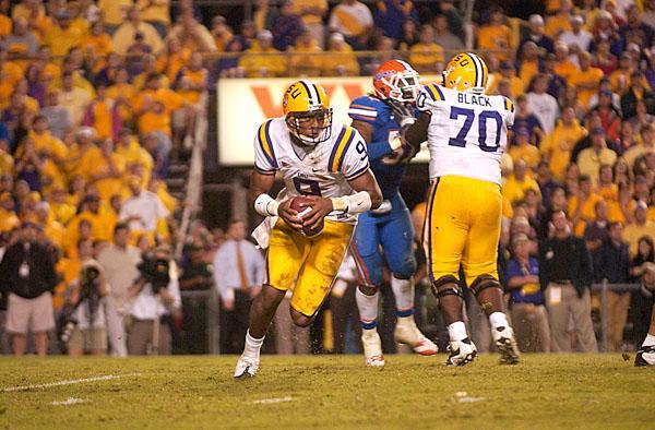 LSU sophomore quarterback Jordan Jefferson (9) scrambles to make a pass Oct. 10 during the Tigers&#8217; 13-3 loss to Florida.