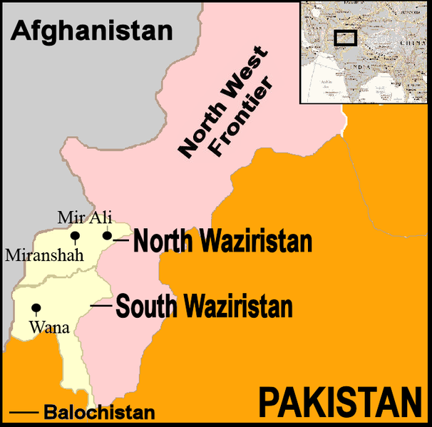 Map showing location of North and South Waziristan in northern Pakistan and bordering on Afghanistan.
 