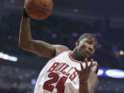 Chicago Bulls&#8217; Tyrus Thomas rebounds a ball Oct. 16 during a preseason NBA game against the Minnesota Timberwolves in Chicago. Thomas was a member of LSU&#8217;s 2006 FInal Four team and is currently entering his fourth season with the Bulls. Six recent LSU players are on current NBA rosters.