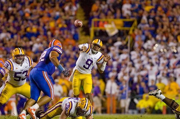 LSU sophomore quarterback Jordan Jefferson throws a pass during the LSU-Florida game Oct. 10 in Tiger Stadium. The Tigers were defeated, 13-3.