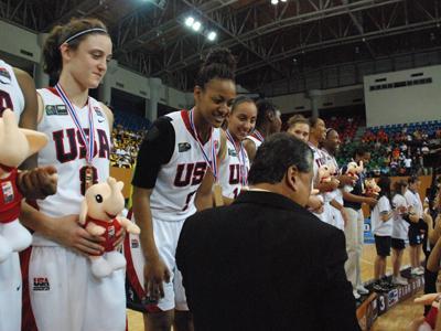 LSU sophomore forward LaSondra Barrett, center, receives a gold medal at the U19 World Championship. Barrett played on the USA Basketball Women&#8217;s U19 Team this past summer. Barrett wants extend her role for the Lady Tigers by using what she learned playing for the US team.