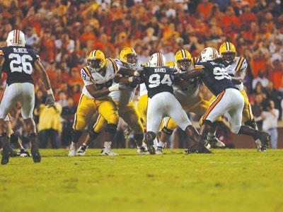 LSU&#8217;s offensive line blocks Auburn defensive linemen in last year&#8217;s game on Sept. 20 in Jordan-Hare Stadium in Auburn, Ala. LSU won the game, 26-21.