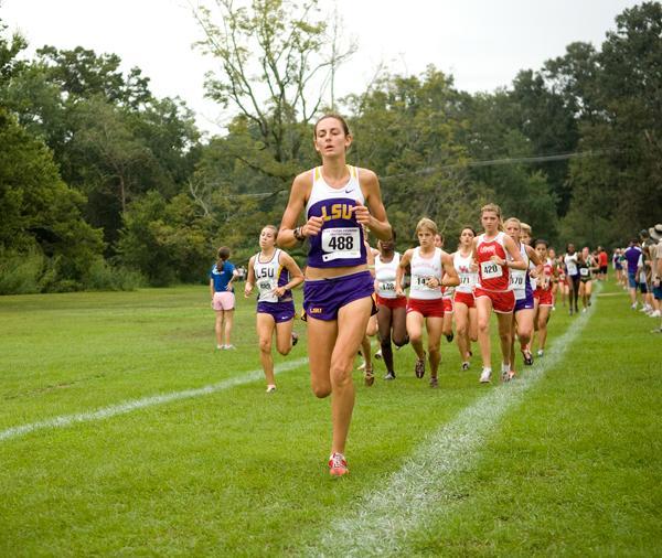 Freshman cross country runner Jenna Henssler leads the competition Sept. 26 at the LSU Invitational at Highland Road Park.