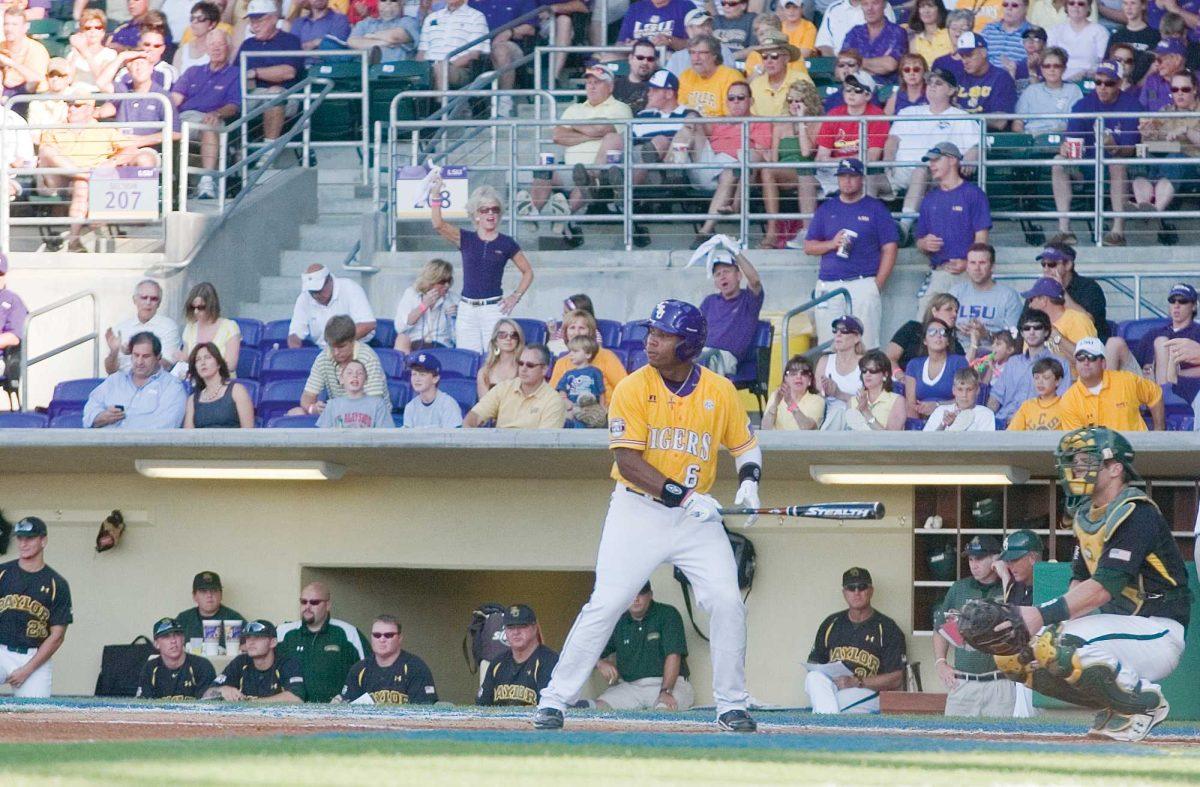 LSU junior outfielder Leon Landry steps into the batter&#8217;s box Saturday, May 30, against Baylor in the Baton Rouge Regional. Landry will miss the annual Purple and Gold World Series this week after having surgery on his big toe.