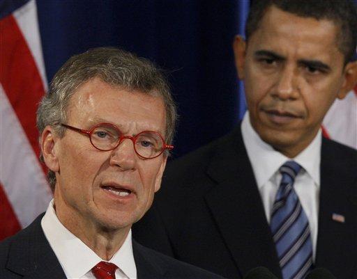 **FILE** In this Dec. 11, 2008 file photo, then President-elect Barack Obama, right, stands with then Health and Human Services Secretary-designate, former Senate Majority Leader Thomas Daschle, during a news conference in Chicago. Daschle's nomination as health and human services secretary was derailed over a back taxes flap earlier this year. But that's not stopping Daschle, a close ally of the president, from playing a significant role in Capitol Hill health care talks _ much as he'd be doing