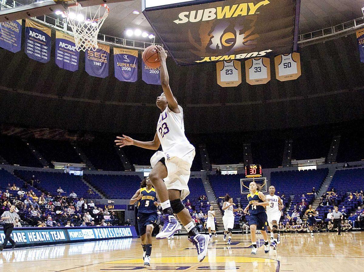 LSU senior guard Allison Hightower (23) goes for a layup on a fastbreak Wednesday night during the Lady Tigers' 75-33 win against North Carolina A&amp;T. The Lady Tigers won the inaugural Sue Gunter Classic after defeating the Lady Aggies.