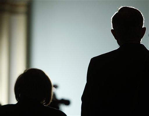 Senate Majority Leader Harry Reid of Nev., right, and Sen. Barbara Mikulski, D-Md., are silhouetted as they speak to members of the media on Capitol Hill in Washington, Tuesday,Dec. 1, 2009.