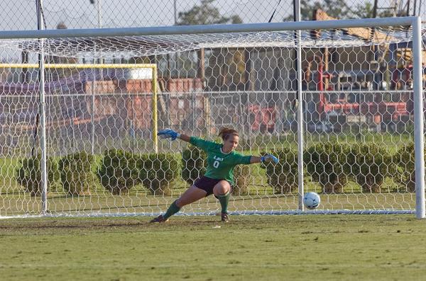 LSU sophomore goalie Mo Isom lunges for the ball during a shootout against Texas A&amp;M on Nov. 15 at the LSU Soccer Complex. LSU lost, 4-2.