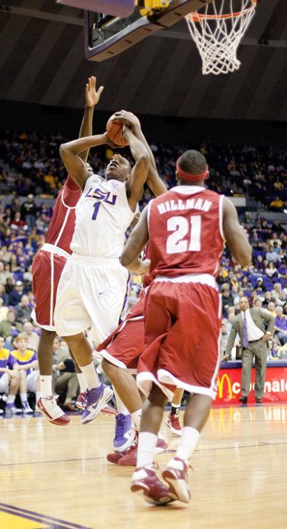 LSU senior forward Tasmin Mitchell’s shot is blocked Saturday during the TIgers’ 66-49 Southeastern Conference opener against Alabama in the PMAC. The Tigers only shot 37 percent from the field during the game.