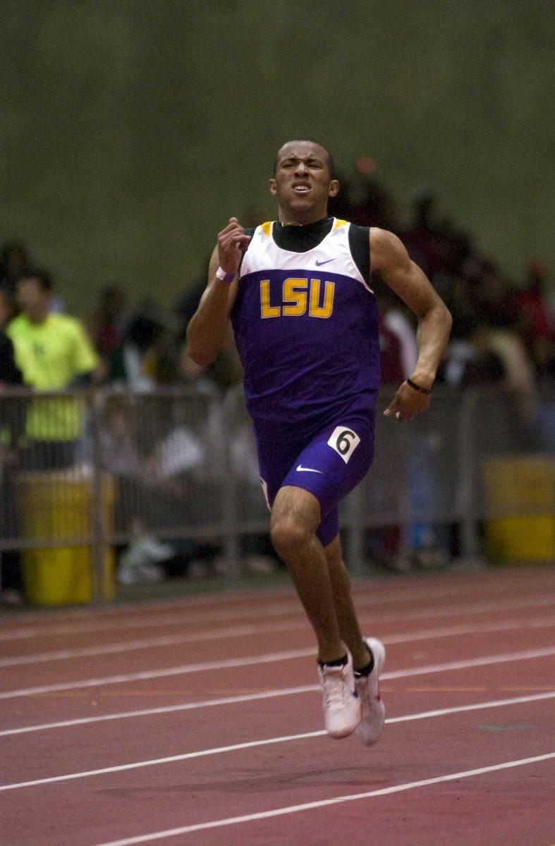 LSU sophomore Jeremy Handy competes in the men&#8217;s 400-meter dash at the LSU Twilight indoor meet at the Maddox Field House Friday.